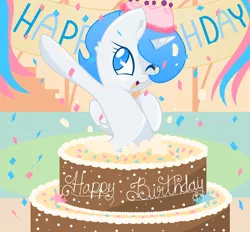 Size: 1972x1828 | Tagged: safe, artist:csox, derpibooru import, oc, oc:white flare, alicorn, pony, birthday, birthday cake, cake, food, jumping out of cake, solo