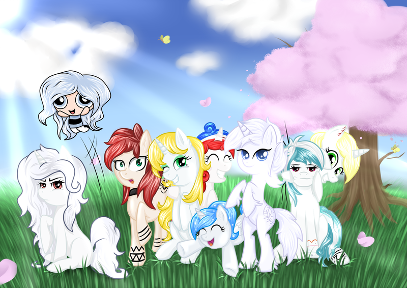 Size: 2912x2059 | Tagged: safe, artist:nuumia, derpibooru import, oc, oc:fuzzy brushy, oc:kansie, oc:lizzy glitzy, oc:poker, oc:silkenberry, oc:tainted devotion, oc:tairen, earth pony, pony, unicorn, cloud, tree