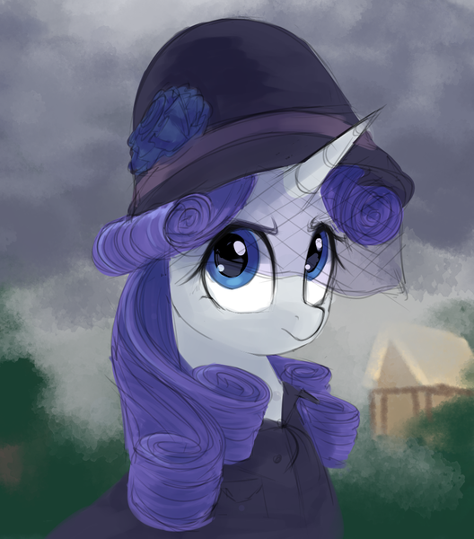 Size: 939x1068 | Tagged: safe, artist:some_ponu, derpibooru import, rarity, pony, unicorn, bust, clothes, coat, female, hat, house, mare, solo, veil