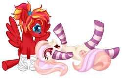 Size: 3002x1998 | Tagged: safe, artist:xbeautifuldreamerx, derpibooru import, oc, oc:cuddle bug, oc:fire strike, earth pony, pegasus, pony, clothes, female, mare, simple background, socks, striped socks, transparent background