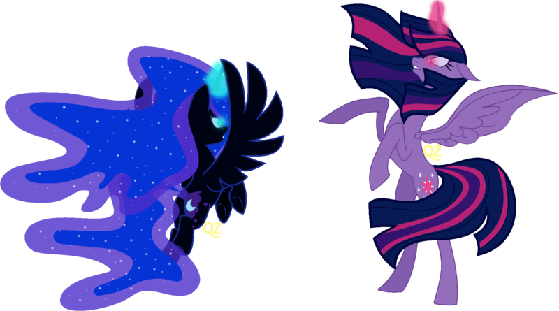 Size: 1919x1067 | Tagged: safe, artist:lunashachannel, artist:queenzodiac, derpibooru import, nightmare moon, twilight sparkle, twilight sparkle (alicorn), alicorn, pony, the cutie re-mark, alternate timeline, base artist:lunashachannel, base used, duo, ethereal mane, glowing eyes, glowing horn, horn, nightmare takeover timeline, nightmare twilight, nightmarified, role reversal, simple background, starry mane, starry tail, transparent background, wavy hair, wavy mane, wavy tail