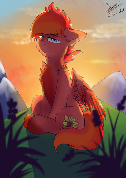 Size: 1200x1700 | Tagged: safe, artist:yuris, derpibooru import, oc, unofficial characters only, pegasus, pony, solo, sunset