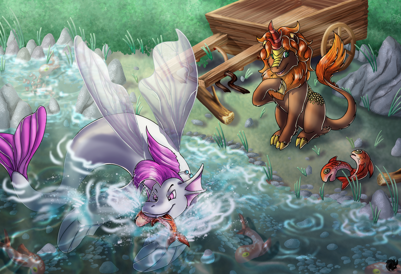 Size: 3475x2380 | Tagged: artist:valyce-negative, derpibooru import, fanfic:expedition to cloudbreak islands, fish, hippogriff, hippogriff oc, kirin, kirin oc, lake, oc, oc:nutmeg inferno, oc:reef skimmer, safe, seapony (g4), swimming