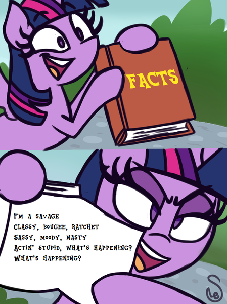 Size: 760x1015 | Tagged: safe, artist:don2602, artist:quarium edits, derpibooru import, edit, twilight sparkle, twilight sparkle (alicorn), alicorn, pony, 2 panel comic, caption, comic, ed edd n eddy, exploitable meme, image macro, megan thee stallion, meme, savage (song), solo, song reference, text, twilight's fact book