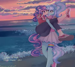 Size: 4398x3932 | Tagged: safe, artist:xjenn9, derpibooru import, bon bon, lyra heartstrings, sweetie drops, anthro, beach, blushing, clothes, commissioner:endbringer99, eyeshadow, female, lesbian, lyrabon, makeup, ponytail, pride flag, pride month, shipping, skirt, sunset