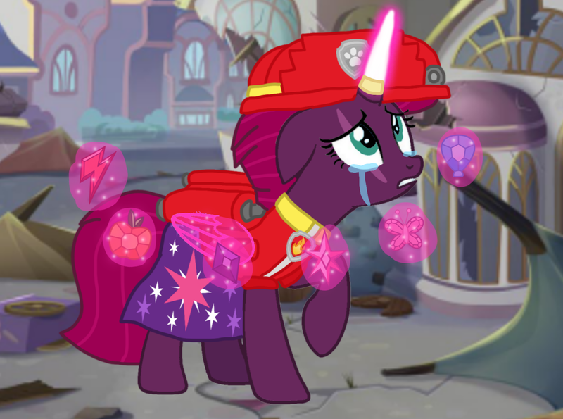 Size: 1453x1080 | Tagged: safe, artist:徐詩珮, derpibooru import, fizzlepop berrytwist, tempest shadow, pony, unicorn, series:sprglitemplight diary, series:sprglitemplight life jacket days, series:springshadowdrops diary, series:springshadowdrops life jacket days, alternate universe, artificial wings, augmented, clothes, crying, cute, magic, magic wings, marshall (paw patrol), paw patrol, simple background, transparent background, wings