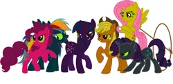 Size: 1610x780 | Tagged: safe, artist:stu-artmcmoy17, derpibooru import, applejack, fluttershy, mean applejack, mean fluttershy, mean pinkie pie, mean rainbow dash, mean rarity, mean twilight sparkle, pinkie pie, rainbow dash, rarity, twilight sparkle, earth pony, pegasus, pony, unicorn, the mean 6, appledoom, clone, clone six, clones, cowboy hat, dark magic, darkened coat, darkened hair, darkened hat, darkened items, darkened rope, evil 6, evil applejack, evil clones, evil fluttershy, evil mane six, evil pinkie pie, evil rainbow dash, evil rarity, evil six, evil twilight, fluttercreep, hat, lasso, magic, mane six, pinkie destroyer, rainbow disaster, rarshion, rope, sextet, simple background, sombra eyes, stetson, twilight scream, unicorn twilight, white background