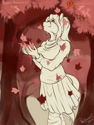 Size: 1500x2000 | Tagged: safe, artist:phathusa, derpibooru import, oc, oc:colette laitier, unofficial characters only, anthro, earth pony, autumn, beauty mark, breasts, clothes, eyebrows, eyelashes, falling leaves, female, fingers, leaves, outdoors, skirt, solo, sweater