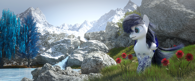 Size: 3440x1440 | Tagged: safe, artist:thelunagames, derpibooru import, oc, crystal pony, pegasus, pony, 3d, cinema4d, flower, mountain, solo