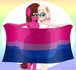 Size: 3900x3600 | Tagged: anthro, artist:aarondrawsarts, bisexual, bisexual pride flag, blushing, breasts, chest fluff, derpibooru import, female, nudity, oc, oc:daisy cakes, oc:rose bloom, pride, pride flag, pride month, strategically covered, suggestive