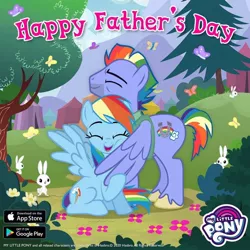 Size: 1080x1080 | Tagged: safe, derpibooru import, official, bow hothoof, rainbow dash, butterfly, pegasus, pony, rabbit, animal, cute, dashabetes, eyes closed, father and child, father and daughter, father's day, female, gameloft, happy, hug, male, my little pony logo, winghug