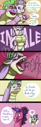 Size: 1300x4000 | Tagged: safe, artist:azurllinate, derpibooru import, spike, oc, oc:dazzle shield, oc:prince dazzle shield, oc:spiral twinkle, alicorn, dracony, dragon, half-dragon, hybrid, pony, alicorn oc, best dad ever, best friends, bipedal, blue eyes, blushing, comic strip, confident, eyes closed, female, futurehooves, green eyes, half-unicorn, heart, horn, inhaling, interspecies offspring, intimidating, looking at each other, male, messy mane, multicolored mane, next gen:futurehooves, next generation, oc x oc, offspring, open mouth, parent:flash sentry, parent:rarity, parent:spike, parent:twilight sparkle, parents:flashlight, parents:sparity, puffed chest, purple eyes, roar, sharp teeth, shipping, shocked expression, speech, speech bubble, supportive parent, talking, teeth, text, wings, young