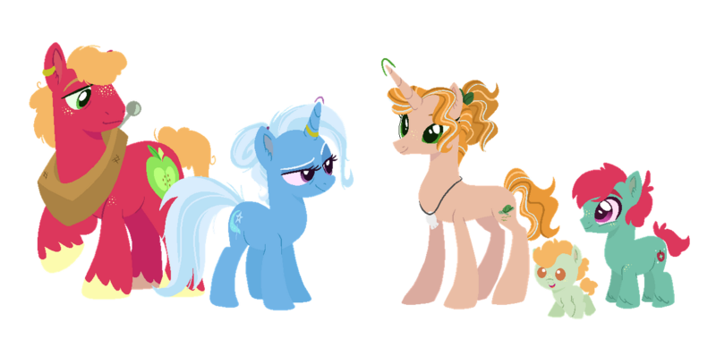 Size: 1280x606 | Tagged: safe, artist:echabi, derpibooru import, big macintosh, trixie, oc, oc:autumn crisp, oc:cobbler sparks, oc:skipper pie, earth pony, pony, unicorn, baby, baby pony, base used, colt, ear piercing, earring, family, female, horn, horn ring, jewelry, male, mare, offspring, parent:big macintosh, parent:trixie, parents:trixmac, piercing, ring, shipping, simple background, straight, transparent background, trixmac