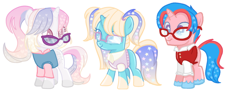 Size: 3200x1289 | Tagged: artist:sugarsong14, breedables, children, derpibooru import, female, filly, glasses, oc, oc:astral mythos, oc:auroral radiance, oc:cosmos solarflare, oc:glistening stars, oc:melody shinerise, offspring, safe, simple background, transparent background, unofficial characters only