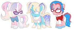 Size: 3200x1289 | Tagged: artist:sugarsong14, breedables, children, derpibooru import, female, filly, glasses, oc, oc:astral mythos, oc:auroral radiance, oc:cosmos solarflare, oc:glistening stars, oc:melody shinerise, offspring, safe, simple background, transparent background, unofficial characters only