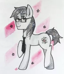 Size: 882x1024 | Tagged: safe, artist:rikani, derpibooru import, oc, oc:silver bristle, unofficial characters only, earth pony, pony, cutie mark, glasses, looking up, male, necktie, smiling, solo, stallion, traditional art