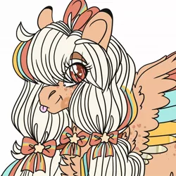Size: 1080x1080 | Tagged: safe, artist:im_insanex, derpibooru import, oc, oc:star chaser, unofficial characters only, pegasus, pony, :p, bow, bust, chest fluff, eye clipping through hair, female, glasses, hair bow, heart, mare, pegasus oc, simple background, solo, tongue out, white background, wings