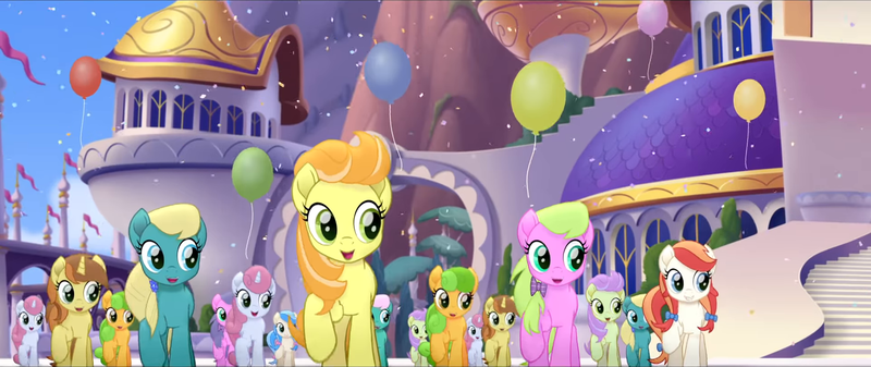 Size: 1920x808 | Tagged: safe, derpibooru import, screencap, cantaloupe (character), cornsilk, dawn sunrays, nougat praliné, unnamed character, unnamed pony, earth pony, pony, unicorn, my little pony: the movie, background pony, balloon, bow, canterlot, clones, confetti, female, friendship festival, group, hair bow, hairclip, mane bow, marching, mare, raised hoof, singing, we got this together