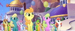 Size: 1920x808 | Tagged: safe, derpibooru import, screencap, cantaloupe (character), cornsilk, dawn sunrays, nougat praliné, unnamed character, unnamed pony, earth pony, pony, unicorn, my little pony: the movie, background pony, balloon, bow, canterlot, clones, confetti, female, friendship festival, group, hair bow, hairclip, mane bow, marching, mare, singing, we got this together