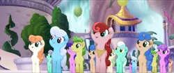 Size: 1920x808 | Tagged: safe, derpibooru import, screencap, linky, shoeshine, toadstool blossom, unnamed character, unnamed pony, earth pony, pony, unicorn, my little pony: the movie, background pony, balloon, canterlot, clones, confetti, female, friendship festival, group, male, marching, mare, neckerchief, singing, stallion, waterfall, we got this together