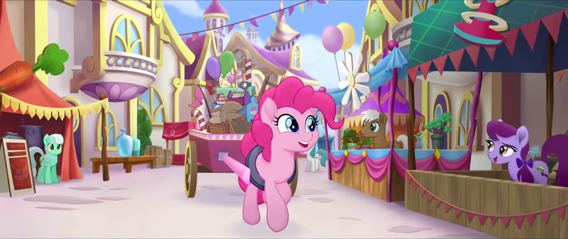 Size: 1920x808 | Tagged: safe, derpibooru import, screencap, mochaccino, pinkie pie, rare find, unnamed character, unnamed pony, earth pony, pony, my little pony: the movie, background pony, balloon, bow, canterlot, canterlot shopkeep, cart, female, friendship festival, hair bow, male, mane bow, mare, market, potted plant, stallion, we got this together, widescreen