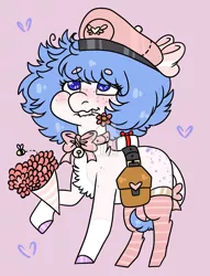 Size: 1186x1552 | Tagged: safe, artist:im_insanex, derpibooru import, oc, oc:princess, unofficial characters only, earth pony, pony, bag, bouquet, bow, bowtie, chest fluff, clothes, earth pony oc, eye clipping through hair, female, flower, flower in mouth, hair bow, hat, heart, hoof hold, hoof polish, leonine tail, mare, mouth hold, open mouth, pink background, raised hoof, saddle bag, simple background, smiling, socks, solo, striped socks, tail bow