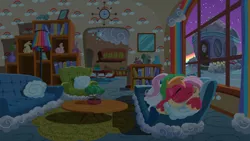Size: 2880x1620 | Tagged: safe, anonymous artist, derpibooru import, big macintosh, fluttershy, earth pony, pegasus, pony, series:fm holidays, blanket, couch, female, fluttermac, hug, lineless, living room, male, mare, night, pillow, shipping, sleeping, stallion, straight