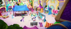 Size: 1920x808 | Tagged: safe, derpibooru import, screencap, chocolate apple, cornsilk, dawn sunrays, nougat praliné, photo finish, princess celestia, sassy saddles, twilight sparkle, twilight sparkle (alicorn), unnamed character, unnamed pony, alicorn, dragon, earth pony, pegasus, pony, unicorn, my little pony: the movie, background pony, bird's eye view, bow, camera, canterlot, chest, clothes, cutout, dragons riding ponies, dress, female, flying, friendship festival, hair bow, male, mane bow, mare, market, ponyville, queue, quill, raised hoof, riding, tripod, we got this together, x marks the spot (directions)