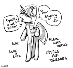 Size: 1608x1490 | Tagged: safe, artist:theonlymousse, derpibooru import, twilight sparkle, twilight sparkle (alicorn), alicorn, pony, acab, black lives matter, female, grayscale, justice, looking at you, love is love, mare, monochrome, mouthpiece, politics, simple background, smug, solo, speech bubble, white background