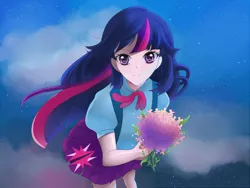 Size: 1280x960 | Tagged: safe, artist:furejmu, derpibooru import, twilight sparkle, equestria girls, female, flower, lavender, smiling, solo