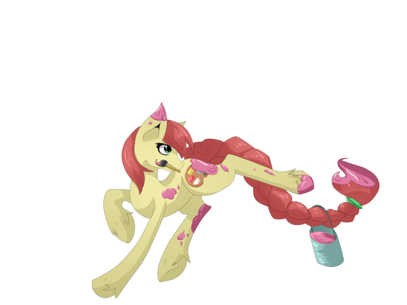 Size: 4000x3000 | Tagged: safe, artist:tomat-in-cup, derpibooru import, oc, unofficial characters only, earth pony, pony, braided tail, bucket, earth pony oc, looking back, mouth hold, not apple bloom, paint, paintbrush, simple background, solo, transparent background