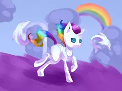 Size: 4000x3000 | Tagged: safe, artist:tomat-in-cup, derpibooru import, ponified, dolphin, pony, robot, robot pony, unicorn, cloud, multicolored hair, rainbow, rainbow hair, robot unicorn attack, running