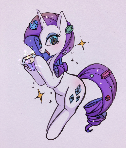 Size: 1108x1302 | Tagged: safe, artist:hosikawa, derpibooru import, rarity, pony, unicorn, cute, diamond, eye sparkles, female, gem, hoof hold, jewel, mare, open mouth, raribetes, simple background, smiling, solo, white background, wingding eyes