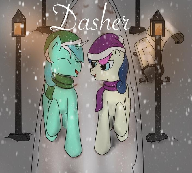 Size: 704x634 | Tagged: adorabon, artist:snow quill, bench, bon bon, clothes, cover art, cute, derpibooru import, eyes closed, hat, laughing, lyrabetes, lyra heartstrings, safe, scarf, snow, snowfall, story in the source, streetlight, sweetie drops