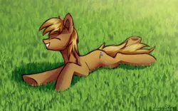 Size: 1024x638 | Tagged: safe, artist:adagiostring, derpibooru import, oc, oc:bill-the-pony, earth pony, pony, commission, commissioner:lahirien, grass, male, rolling in the grass, smiling, solo, stallion