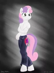 Size: 1280x1707 | Tagged: safe, artist:rockhoppr3, derpibooru import, sweetie belle, anthro, semi-anthro, unguligrade anthro, unicorn, arm hooves, clothes, cutie mark, cutie mark on clothes, pajamas, pants, partial nudity, simple background, solo, topless