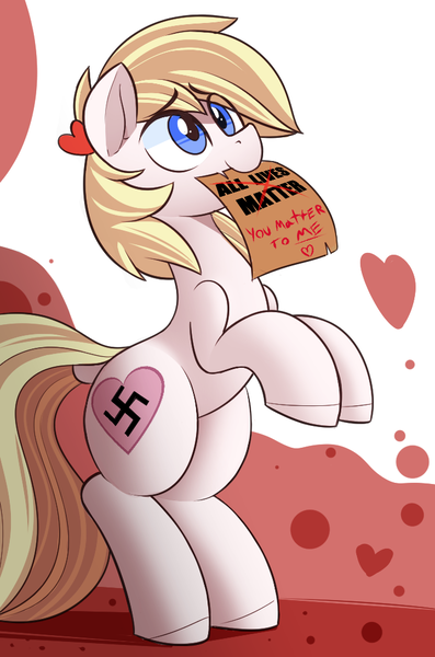 Size: 681x1029 | Tagged: safe, anonymous artist, derpibooru import, oc, oc:aryanne, unofficial characters only, earth pony, pony, art pack:marenheit 451, /mlp/, abstract background, adorable face, aryanbetes, bipedal, cute, drama bait, female, heart, looking up, mare, mouth hold, nazi, nom, note, ocbetes, paper, rearing, simple background, smiling, solo, standing, swastika