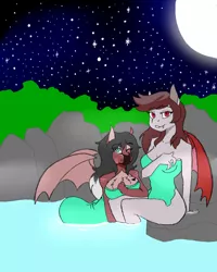 Size: 640x800 | Tagged: suggestive, artist:nocturnalgoober, derpibooru import, oc, oc:lady lovegreen, oc:scarlet quill, unofficial characters only, anthro, bat pony, dracony, dragon, hybrid, pony, anthro oc, bat pony oc, bat wings, breasts, digital art, female, friends, full moon, milf, moon, requested art, smiling, stars, towel, wings