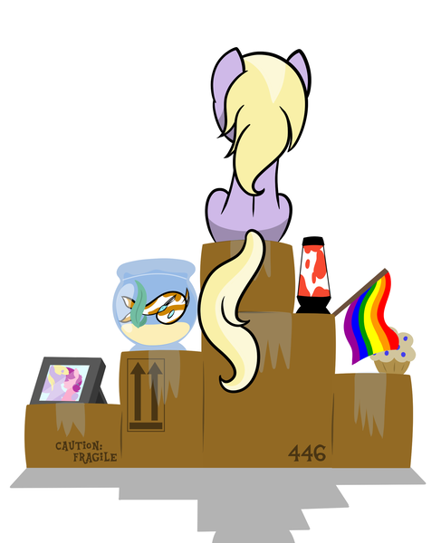 Size: 1881x2319 | Tagged: safe, artist:dinkyuniverse, derpibooru import, dinky hooves, lily longsocks, fish, koi, pony, unicorn, boxes, dinkily, female, filly, fish bowl, flag, foal, lava lamp, lesbian, moving, photo, pride flag, shipping, turned away