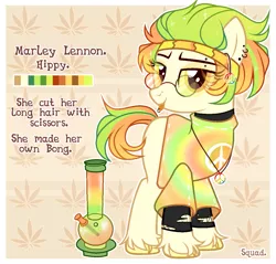 Size: 1251x1194 | Tagged: safe, artist:bad_trip, derpibooru import, oc, oc:marley lennon, unofficial characters only, earth pony, pony, blank flank, bong, clothes, drugs, ear piercing, earring, eyebrow piercing, female, glasses, headband, hippie, jewelry, mare, marijuana, multicolored hair, necklace, peace symbol, piercing, reference sheet, shirt, solo, t-shirt, tongue out, tongue piercing, torn clothes, unshorn fetlocks