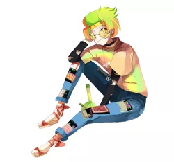 Size: 1395x1303 | Tagged: artist:bad_trip, bong, clothes, derpibooru import, ear piercing, earring, eyebrow piercing, feet, female, glasses, headband, hippie, human, humanized, humanized oc, jeans, jewelry, multicolored hair, necklace, oc, oc:marley lennon, pants, peace symbol, piercing, safe, sandals, shirt, simple background, solo, torn clothes, t-shirt, unofficial characters only, white background
