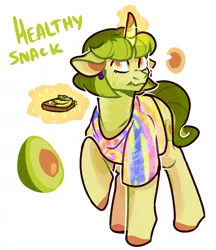 Size: 1201x1392 | Tagged: safe, artist:kaitomy, derpibooru import, oc, oc:healthy snack, unofficial characters only, pony, unicorn, avocado, bread, ear piercing, earring, eating, female, food, glowing horn, horn, jewelry, levitation, magic, mare, piercing, raised hoof, reference sheet, seed, simple background, solo, telekinesis, toast, white background