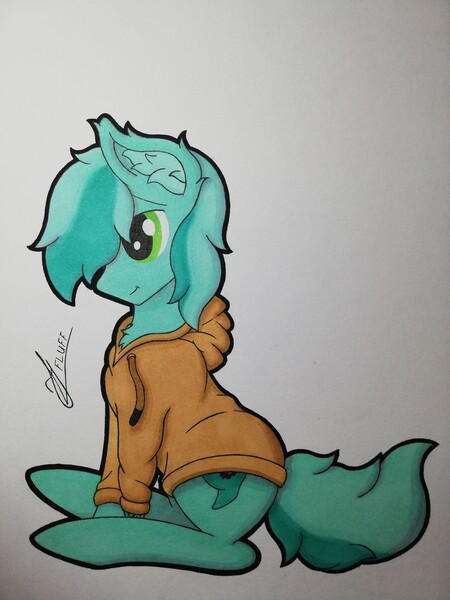 Size: 3456x4608 | Tagged: safe, artist:fluffycakejess, derpibooru import, oc, oc:blue gear, earth pony, pony, clothes, colored, commission, cutie mark, fluffy, fullbody, hoodie, male, signature, smiling, solo, stallion, traditional art