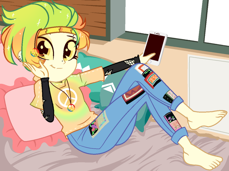 Size: 1180x884 | Tagged: safe, alternate version, artist:noreentheartist, artist:unichan, derpibooru import, oc, oc:marley lennon, unofficial characters only, equestria girls, barefoot, base used, bed, bedroom, blanket, clothes, commission, ear piercing, earring, equestria girls-ified, eyebrow piercing, feet, female, headband, iphone, jeans, jewelry, multicolored hair, necklace, pants, peace symbol, phone, piercing, pillow, shirt, solo, t-shirt, torn clothes, window, ych result