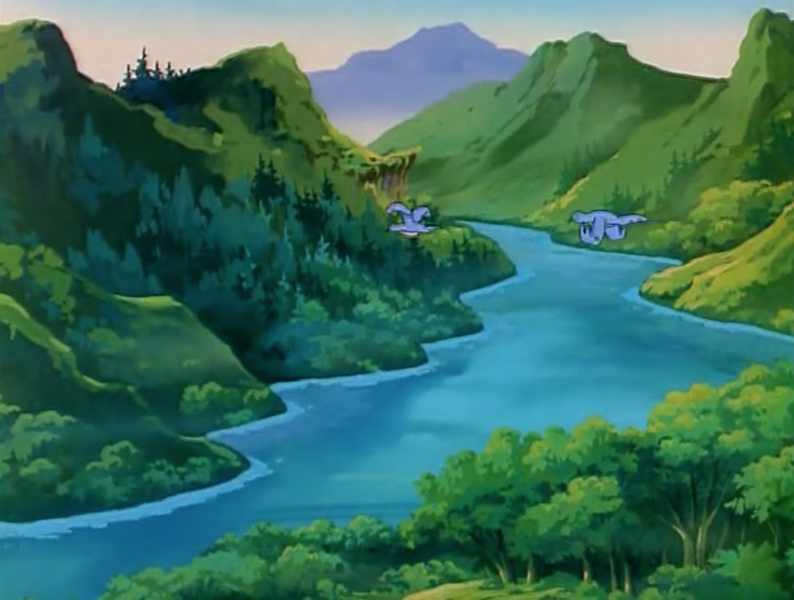 Size: 1200x907 | Tagged: bird, derpibooru import, dream valley, forest, g1, mountain, my little pony 'n friends, river, safe, scenery, screencap, the ghost of paradise estate, tree