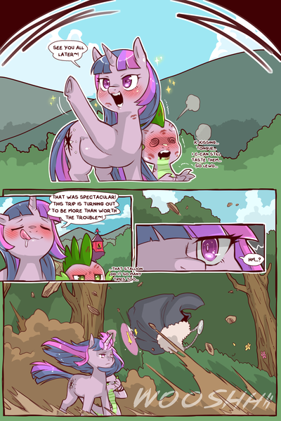 Size: 960x1440 | Tagged: safe, alternate version, artist:cold-blooded-twilight, derpibooru import, spike, twilight sparkle, unicorn, cold blooded twilight, comic:cold storm, barn, blushing, blushing profusely, bush, cape, chubby, chubby twilight, clothes, comic, dialogue, dizzy eyes, drool, dust, eyes closed, flower, force field, frog (hoof), hill, implied gay, kiss mark, licking, licking lips, lipstick, open mouth, sparkles, speech bubble, stare, sweet apple acres, tongue out, tree, underhoof, unicorn twilight, waving, wind, windswept mane