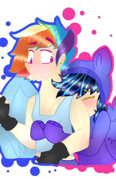 Size: 1440x2230 | Tagged: artist:shinningblossom12, blushing, clothes, derpibooru import, fingerless gloves, gay, gloves, hoodie, hug, human, humanized, male, not rainbow dash, oc, oc:meadow waves, oc:rainbow ditz, oc x oc, parent:rainbow dash, safe, shipping, simple background, transparent background, unofficial characters only, winged humanization, wings