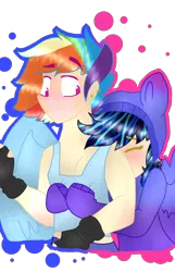 Size: 1440x2230 | Tagged: artist:shinningblossom12, blushing, clothes, derpibooru import, fingerless gloves, gay, gloves, hoodie, hug, human, humanized, male, not rainbow dash, oc, oc:meadow waves, oc:rainbow ditz, oc x oc, parent:rainbow dash, safe, shipping, simple background, transparent background, unofficial characters only, winged humanization, wings