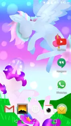 Size: 720x1280 | Tagged: safe, alternate version, artist:shinningblossom12, derpibooru import, oc, oc:anasflow maggy, oc:shining blossom, unofficial characters only, pegasus, pony, unicorn, duo, flying, glowing horn, grass, horn, multicolored hair, outdoors, pegasus oc, rainbow hair, sitting, unicorn oc, wings