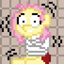 Size: 1020x1020 | Tagged: artist:band sickle, bondage, crazy eyes, crazy face, derpibooru import, faic, fluttershy, grin, insane asylum, missing cutie mark, padded cell, pegasus, pixel art, semi-grimdark, shaking, shaved head, smiling, straitjacket, torn flesh, wide eyes, wingless